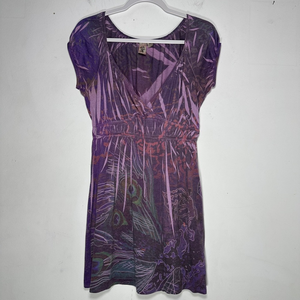 Lotus Purple Peacock Print Empire Waist Tunic Top Mini Dress Womens Medium M USA